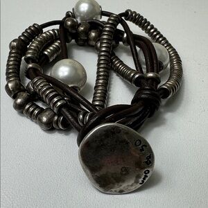 UNO de 50 Spain Orion Silver-plated Faux Pearl Leather Bracelet